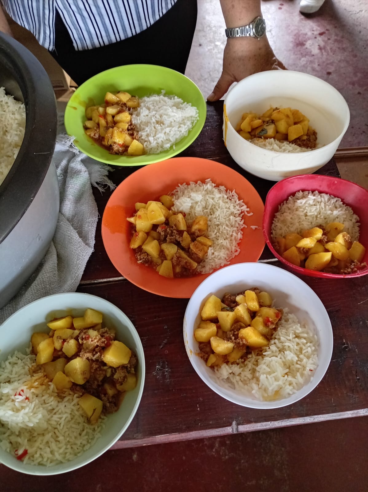 Platos de arroz y guiso servidos para los niños